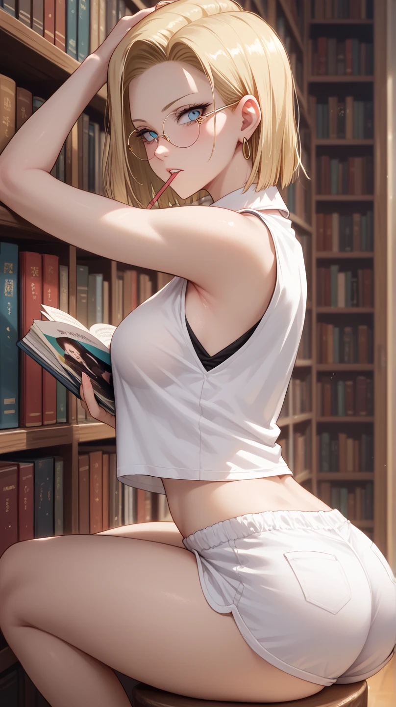 top-quality、Top image quality、​masterpiece、girl with((18year old、Best Bust、big bast,Beautiful blue eyes、Breasts wide open, Blonde ponytail、A slender,Large valleys、Black sweater with open chest、White pants、Ruby Earrings、Doya face、Undressing Pose、Roll up your outerwear)）hiquality、Beautiful Art、Background with((The Great Room at Night、cool illumination、Black walls、White table、Black Bookshelf、Black Chest of Drawers、Aroma diffuser)))、,masutepiece、visualart、depth of fields、