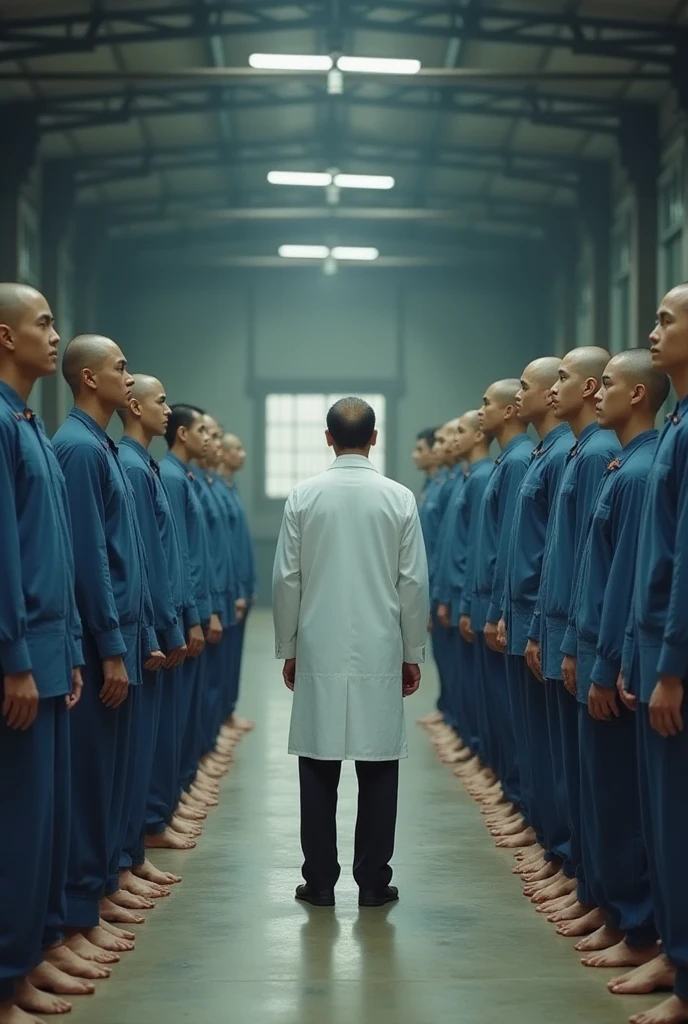Realistic、beautiful、A large group of young Japanese men、Completely naked、Full nudity、Health checkup venue、Back view、Face turned to the side、Butt Exposed、Opposite is an elderly doctor wearing a white coat