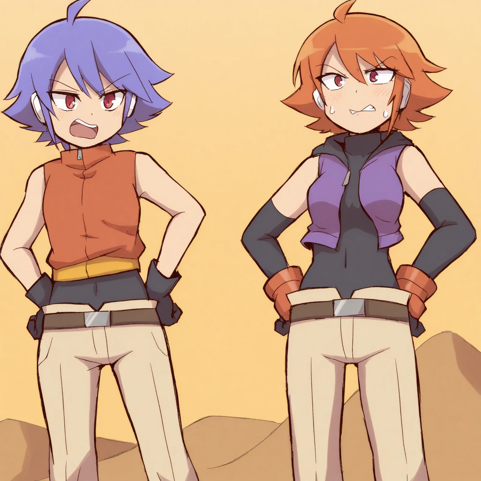 A girl, Saiyan, white spiky hairs, greeneyes, defined muscles, Waist slender, Broad Hips, darkskin, medium breasts, close-fitting clothes, white undershirt, black pants,(she would be kissing another girl who would have orange hair)
