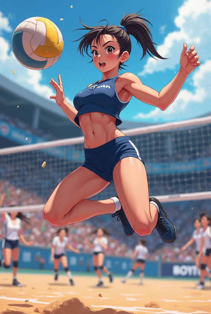 highres, detailed, full_body, standing, looking_at_viewer,cowboy_shot, feet_out_of_frame
1girl, solo,;d, aqua_bikini, aqua_eyes, arm_behind_head, bare_shoulders, blue_hair, sports_bra, stomach, visor_cap, volleyball, volleyball_(object), sportswear, volleyball_net, outdoors