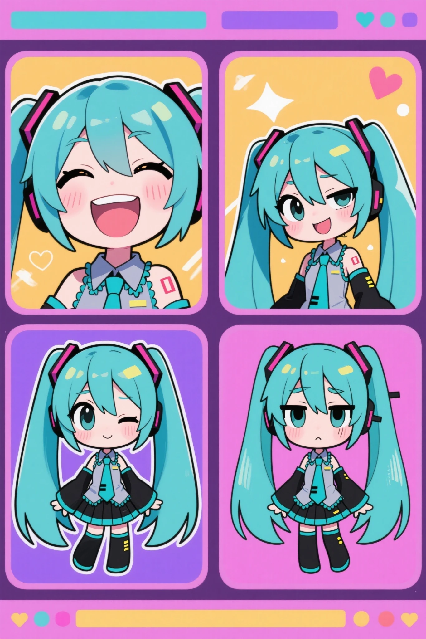 Chibi style collage, facial expressions that are joy, , seductive and boredom, this will divide the screen into 4 each, Hatsune Miku,
