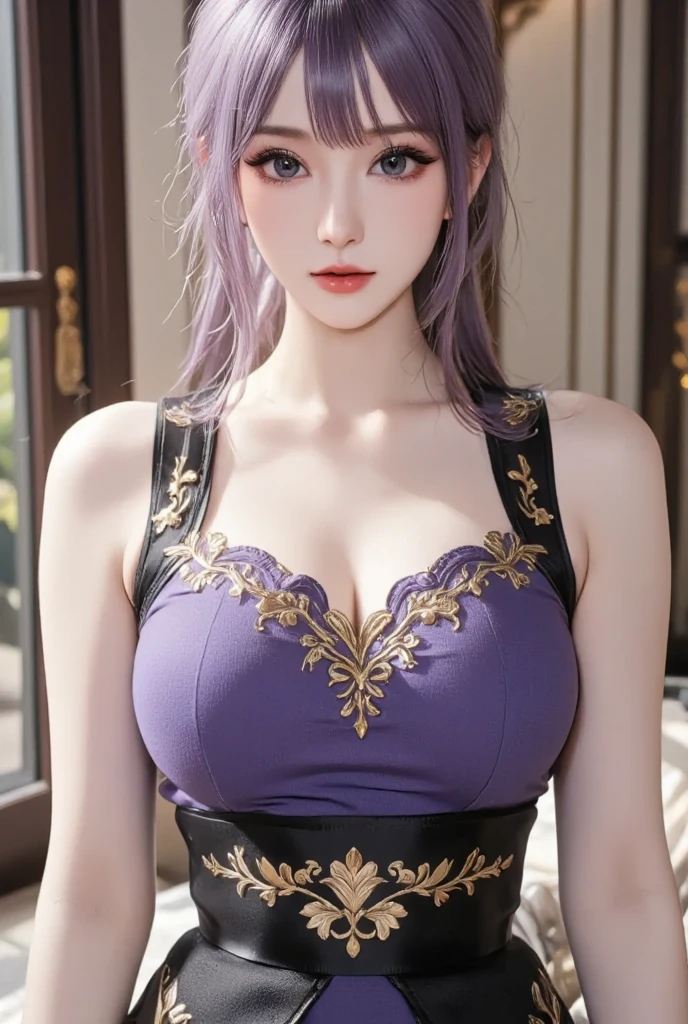 realistic, 1girl, purple hair with bangs, beautiful eyes, busty, huge breasts, crop top, pencil skirt, parted lips, blush, night, flowers, elf ears