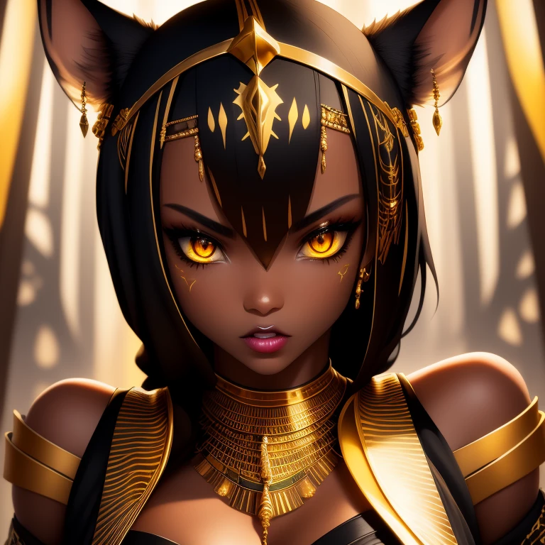 (masterpiece:1.2, Highest quality,Highest quality,Super detailed:1.2),(Photorealistic Stick:1.3),(RAW Photos:1.3),(Super detailed),8k,wallpaper,(Cinema Lighting),(Written boundary depth),(Sophisticated lighting:1.2),Female Anubis God,Close-up of face,Beautiful Face,Beautiful Eyes,Beautiful Skin,Moisturized skin,Dark Skin,Beautiful Eyes,Moisturized lips,Beautiful Hair,Shiny hair,Detailed drawing of hair,Detailed drawing of the costume,(front:1.6),(smile),(perfecteyes),The background is the inside of the pyramid