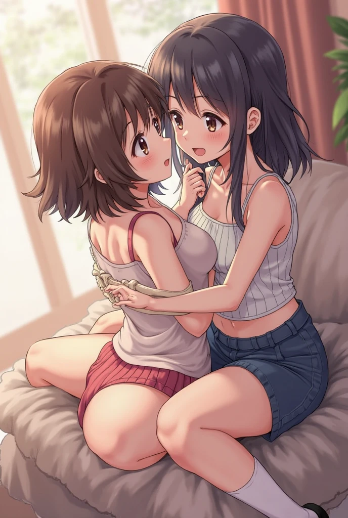 Cute sexy girl, The brunette is tied into two medium ponytails, Suggestive sexy eyes, dark brown colored eyes, small-nose, red open suggestive lips, Blushing terribly, coll, 鎖骨, Oversized purple T-shirt, Bare shoulders, medium chest circumference, Chopping, Wide hips, pink short, Thigh thick, pretty legs, duty posture, Lie down in bed, facing to audience, look, Lewd expression, sexy for, dark chamber, A warm light