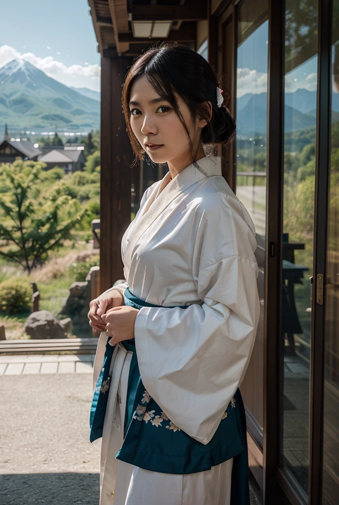 ((Highest quality)), ((masterpiece)), (detailed), Surreal,1人のgirl, sexy,Medium to long hair, girl, Traditional Kimono, Calm expression,The undergarment on the lower half of the body is visible., background, a few trees, Pale gradation sky, Fine lineart, Soft Shadows,  Sparkling details