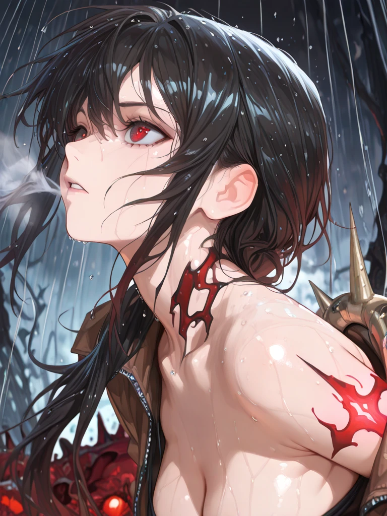 Black hair, green eyes, scars all over the body with tears in the eyes and blood on the clothes.