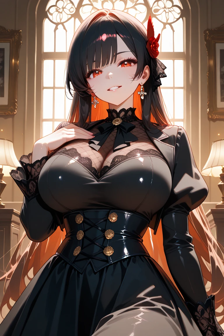 A girl , Red eyes, busty, firm thighs, beautiful body, by the wide, black combat suit, black mask,2 katanas sheathed on his back and an assault rifle in his hands., He carries a short pistol with magazines and two knives..