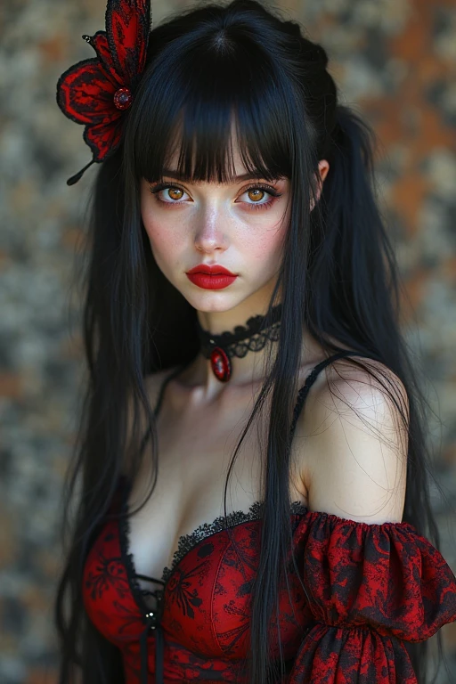 Highest quality、8k、masterpiece:1.3、Gothic Punk、The inside color is red、Black-haired、hair ornaments、Beautiful girl、creative、Dark Fantasy Style、Neogoth、Goth Fashion:1.2、High resolution、masterpiece、Highest quality、頭w:1.3、((Hasselblad Photos))、Fine skin、Sharp focus、(Cinematic lighting)、Realistic textured hair