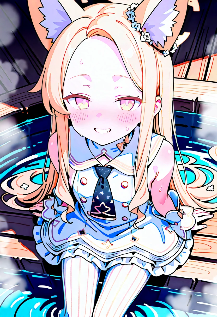 alice mononobe, animal ears, black hairband, blonde hair, bow, bow hairband, fake animal ears, green eyes, hairband, long hair, very long hair,,, large Breasts, nsple, naked, emps ,amusepark, frozen, Wet, crying ,, Naked, , (1girl) solo, Peeingtation, projectile lactation
