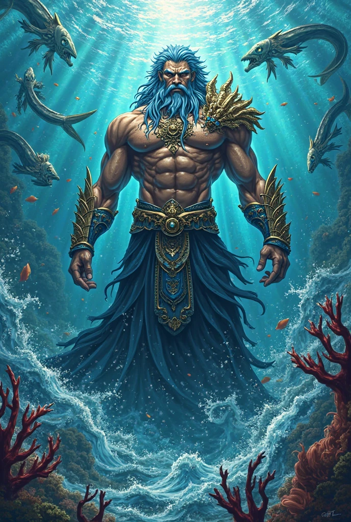 4k realism, (water element, humanoid body made of water: 1.2) sapphire aesthetic, full body, sky background, fantasy art, made of water, body of water, monster, male, male element, masculine, double exposure of otherworldly seascape, fused with the image of Neptune's trident piercing the surface of the water, creating dramatic energy and waves, palatial figures of gods towering in the background, evoking a sense of power and control over the power of the sea, illustrations, digital art