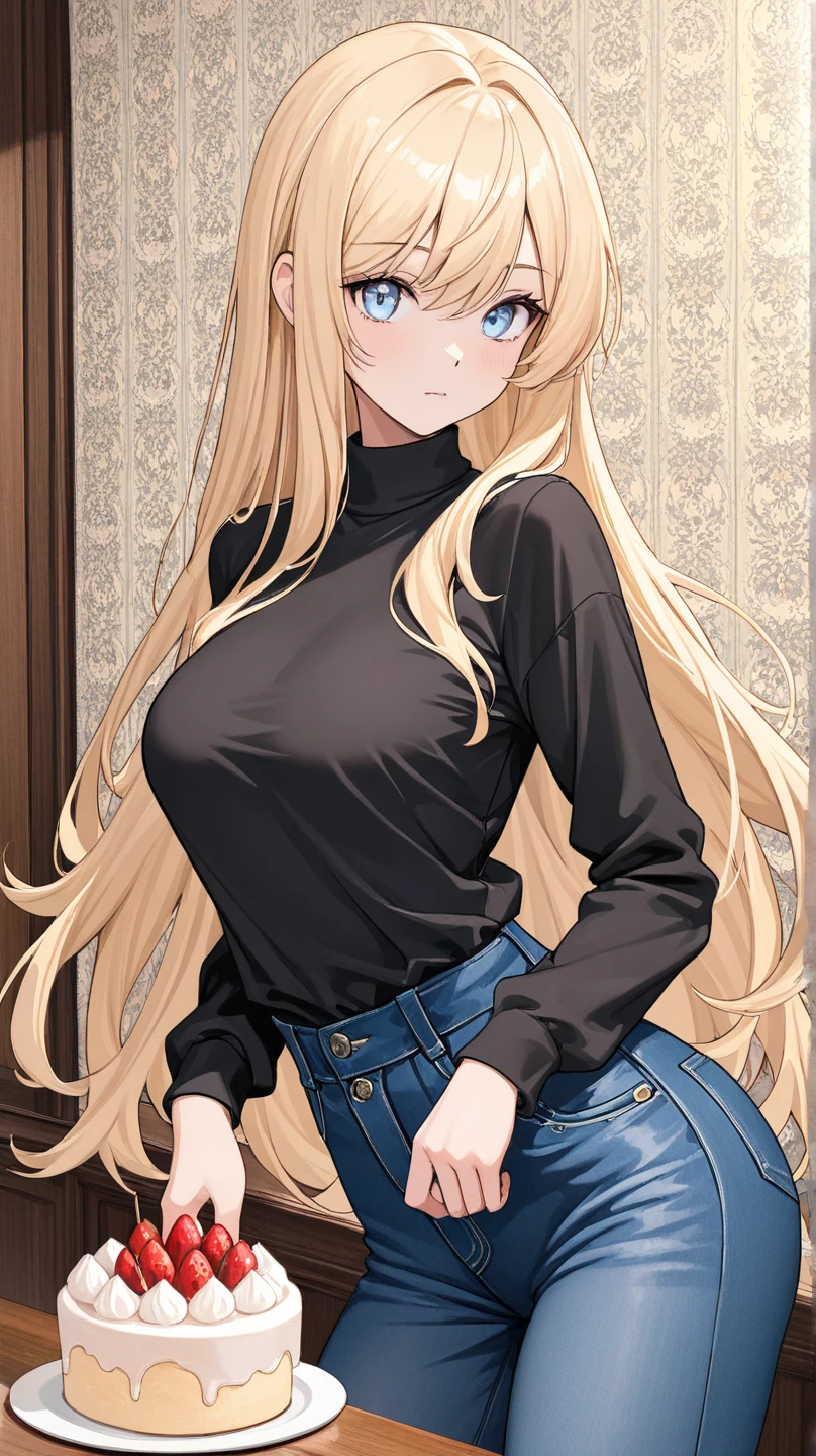 a cartoon anime girl posing in a black hat and outfit while holding a cell phone, 1girl, twin braids, solo, pants, braid, breasts, hat, blonde hair, blue eyes, large breasts, denim, jeans, long hair, hand on hip, blush, black headwear, looking at viewer, jacket, baseball cap, long sleeves, outdoors