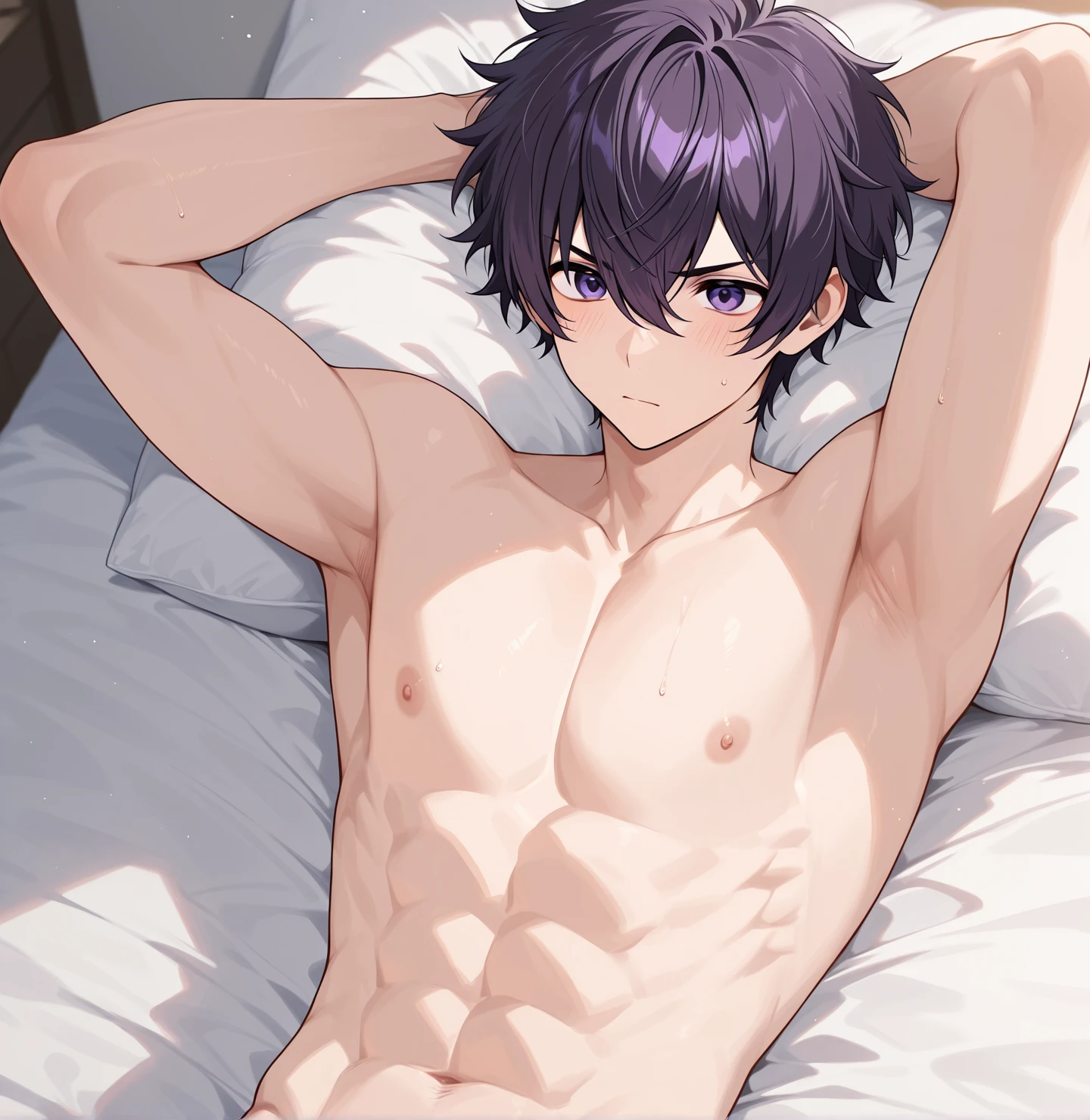 cute male, cat ears, cat tail, looking at camera, smiling, white hair, shirtless, white jockstrap, laying on bed, japanese house, 4 , cute boy, small body, no shirt, black neck collar, jockstrap, bulge, hands behind head, (hugging a purple haired cute male, shirtless, wolf ears, wolf tail, purple jockstrap, small body, cute boy)