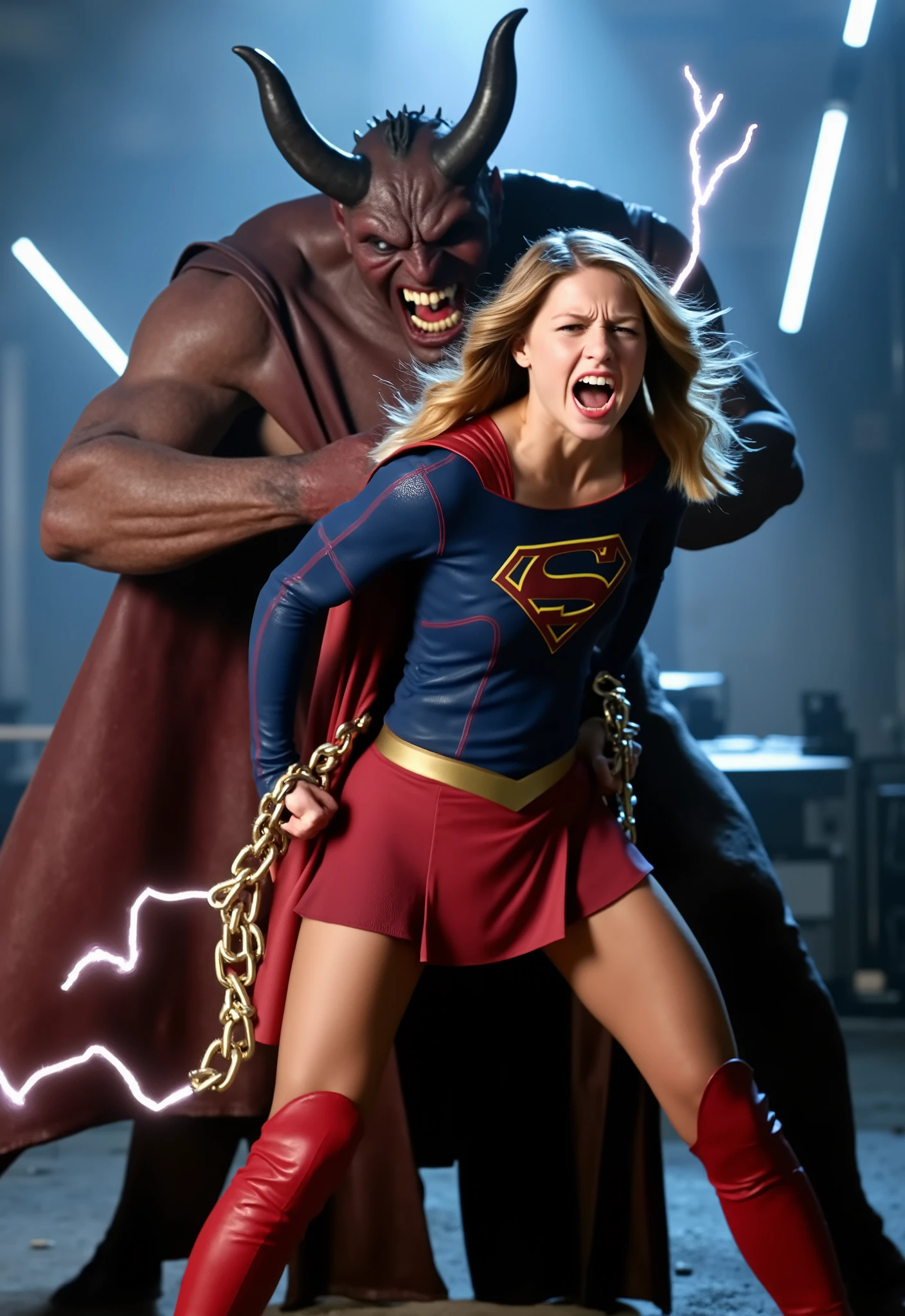 Melissa Benoist as Supergirl, fighting with a strong fierce devil, she is screaming in pain, arms tied with lighting chain behind her back, try to resist, wearing a Supergirl costume, blue shirt and very short skirt, red high boots, she is attacked from behind by a huge body devil, A fierce devil is holding her arms tightly from behind, he bite her neck, whole body from head to feet are visible, in the factory, night time, bright spot lighting,