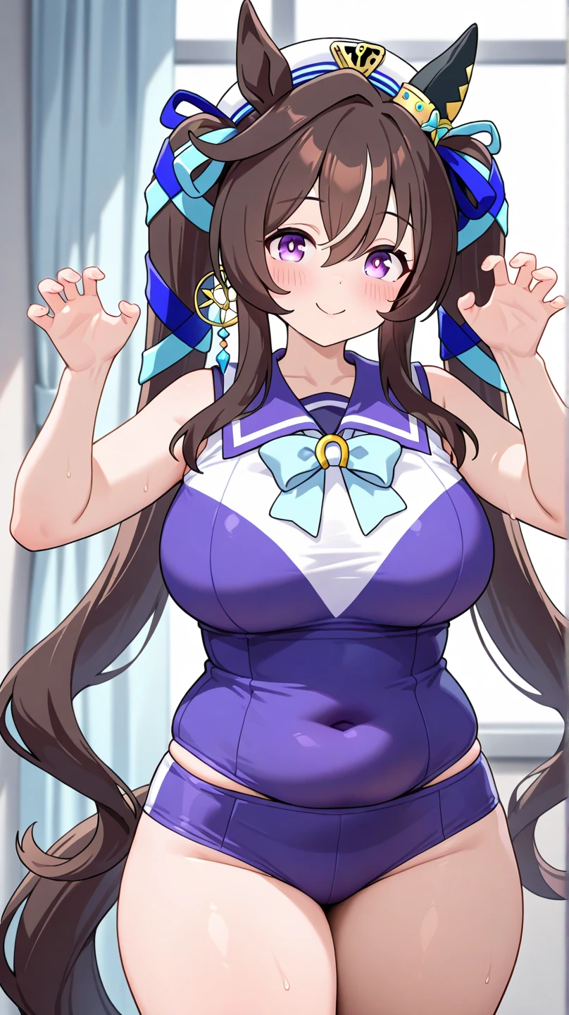 A girl wearing a purple and white leotard((From before)),Brown Hair,Light brown eyes,Blushed,pigtails!!,BIG Boned,steam,vapor,tall,Sweat,wide hips,Puffy nipples,Mid-length hair,Raise your hand,Live,Holding a white penlight