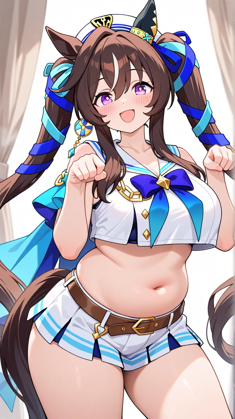 1 Girl,22-year-old girl, Long hair,Brown hair, Inner hair color, Blue Hair, Purple Eyes, Partially fingerless gloves, Thigh straps, Black gloves, Hair accessories, skirt, Bangs, jewelry, pleated skirt, Single leg, black skirt, Ruffles, hairpin, necklace, gradient skirt, belt, sleeveless, Happy,,(pregnant,Huge breasts:1.8)