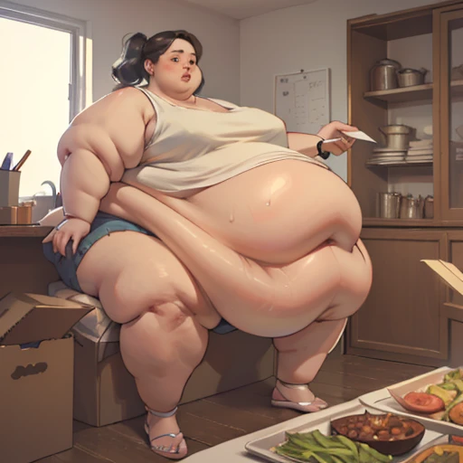 (masterpiece, best quality, highres, detailed, realistic), young asian woman, USSBBW, (morbidly obese:1.7), (detailed face, beautiful face:1.2), high aesthetic, basement interior, surrounded by food, (worried expression), nude, sitting on the floor, being force fed
