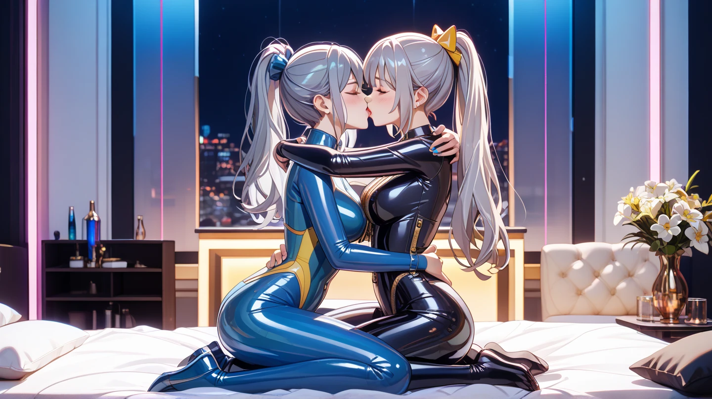 a woman in a wetsuit, posing for a photograph, perfect android girl, shiny latex, futuristic glossy latex suit, wear latex, Latex dress, wear a black latex suit, cute girl in a vest, latex outfits, cute cyborg girl, Photorealistic ideal body, shiny black dress, beautiful white cyborg girl, tight outfit, wrap glossy leather, lesbian, girl kisses girl