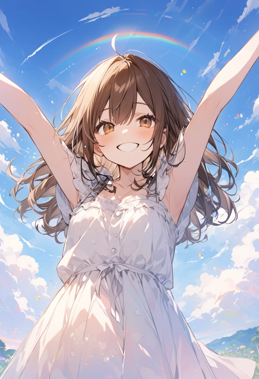 masterpiece, Highest quality, Movie stills, 1 Girl, Cloud Girl, Floating in the sky, close, bright, Happy, Warm and soft lighting, sunset, (spark:0.7)