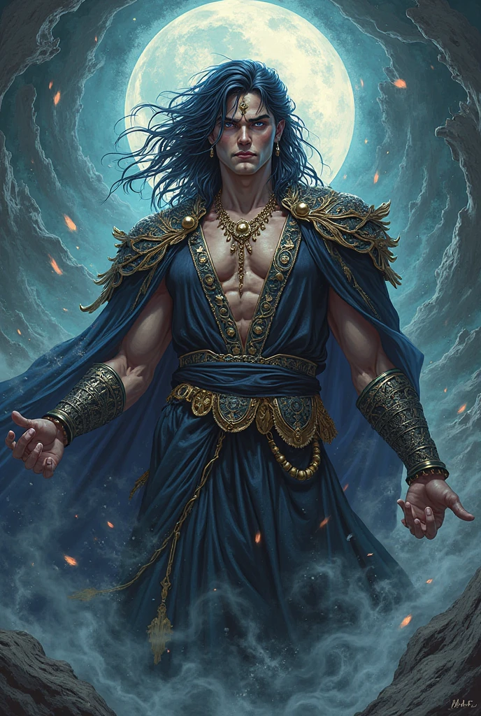 League of legends style, dark blue dreadlocks in the shape of tentacles, ancient warrior clothes, emperos clothes, masculine, young man without many muscles, no beard, human ears, white clothes, pingente de joia amarela no pescoço, roupa que mostra o corpo, no clothes on arms