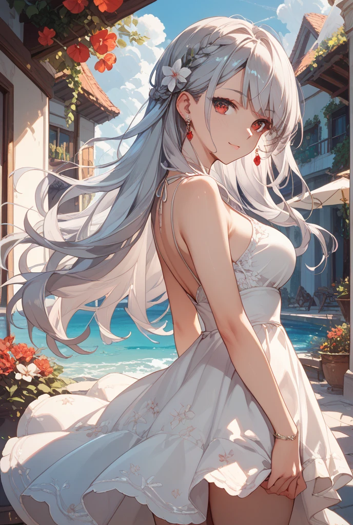 Official Art, masterpiece, Clear focus, (beautiful, Beautiful and lovely Korean woman:1.3), (Beautiful and cute Korean:1.3), Korean beauty, 精致beautiful头发、Eyes and face, Practical, Extremely detailed, beautiful女孩, Blue sky, Glowing white particles, (Side Light:1.2), Sunlight, White Cloud, Detailed clouds, Slim, Such a cute big ass, Smile with teeth bared, ((Smile with your eyes, Open your eyes)), landscape, Long straight hair, Sexy facial expressions, architecture, (城市landscape:1.7), Dynamic Hair, very Long straight hair, Delicate platinum-blonde hair, Green Eyes, Pink skirt, Black socks, Pale skin, Hair accessories, epic landscape,,White high heels,Beautiful butt,beautiful buttocks,There's nothing under the skirt.,weight loss