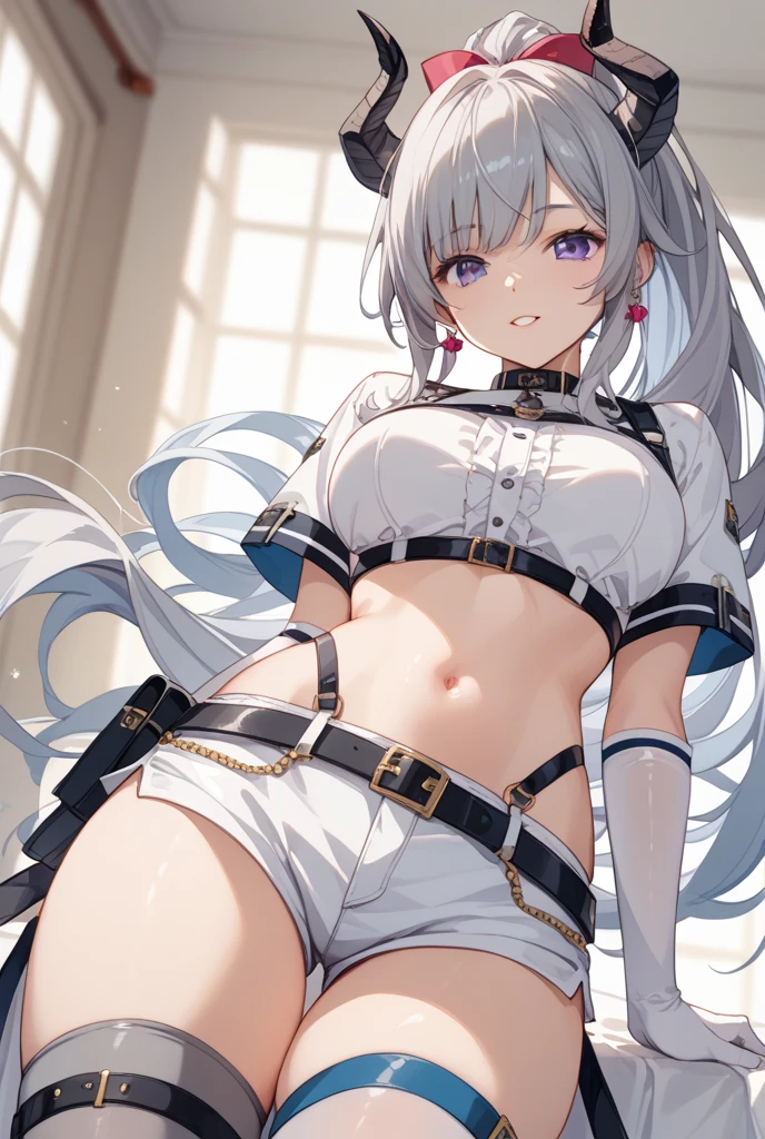fubuki1,aafbk, long hair, ahoge, animal ears, breasts, fox tail,  navel,  thigh strap, single thighhigh, black thighhighs, Best masterpiece, anime coloring, ultra-detail, 8k, ((Sitting on the open corridor)), summer, morning, sun, White off-shoulder jeans with shorts, from below, looking down, smile
