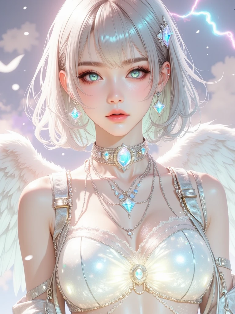 anime Fairy magic City monochrome romantic Calm Retro Style Elegant and detailed feather design Vintage Dresses accessories Light effects Gothic goddess Silver Hair