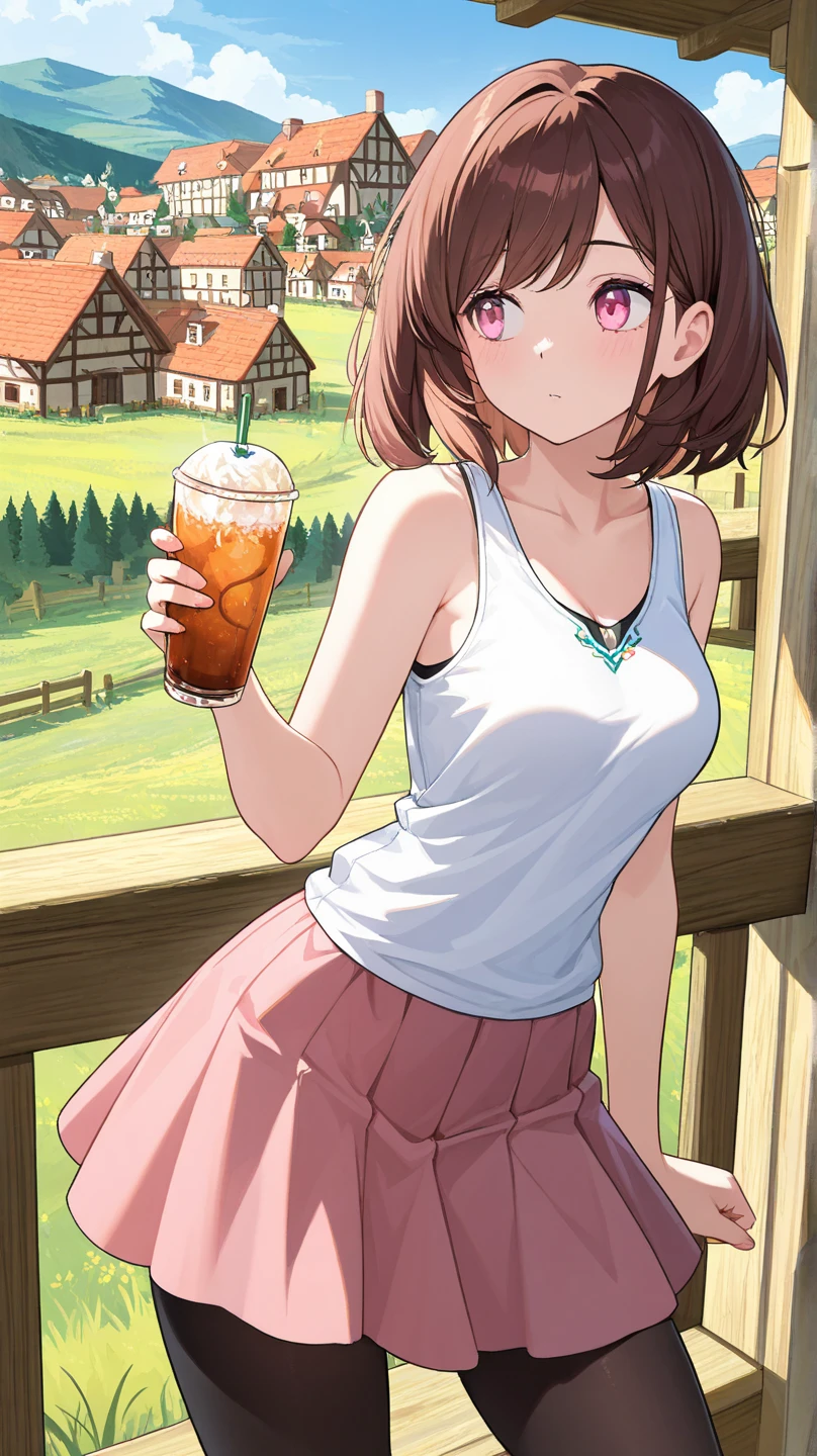 masterpiece, best quality, highres, hyuugaise, short hair, ponytail, hair ribbon, black shirt, skin tight, brown skirt, clothes around waist, <lora:hyuuga_&_ise_v1:0.8>, outdoors, sitting, sweat, bench, holding can
