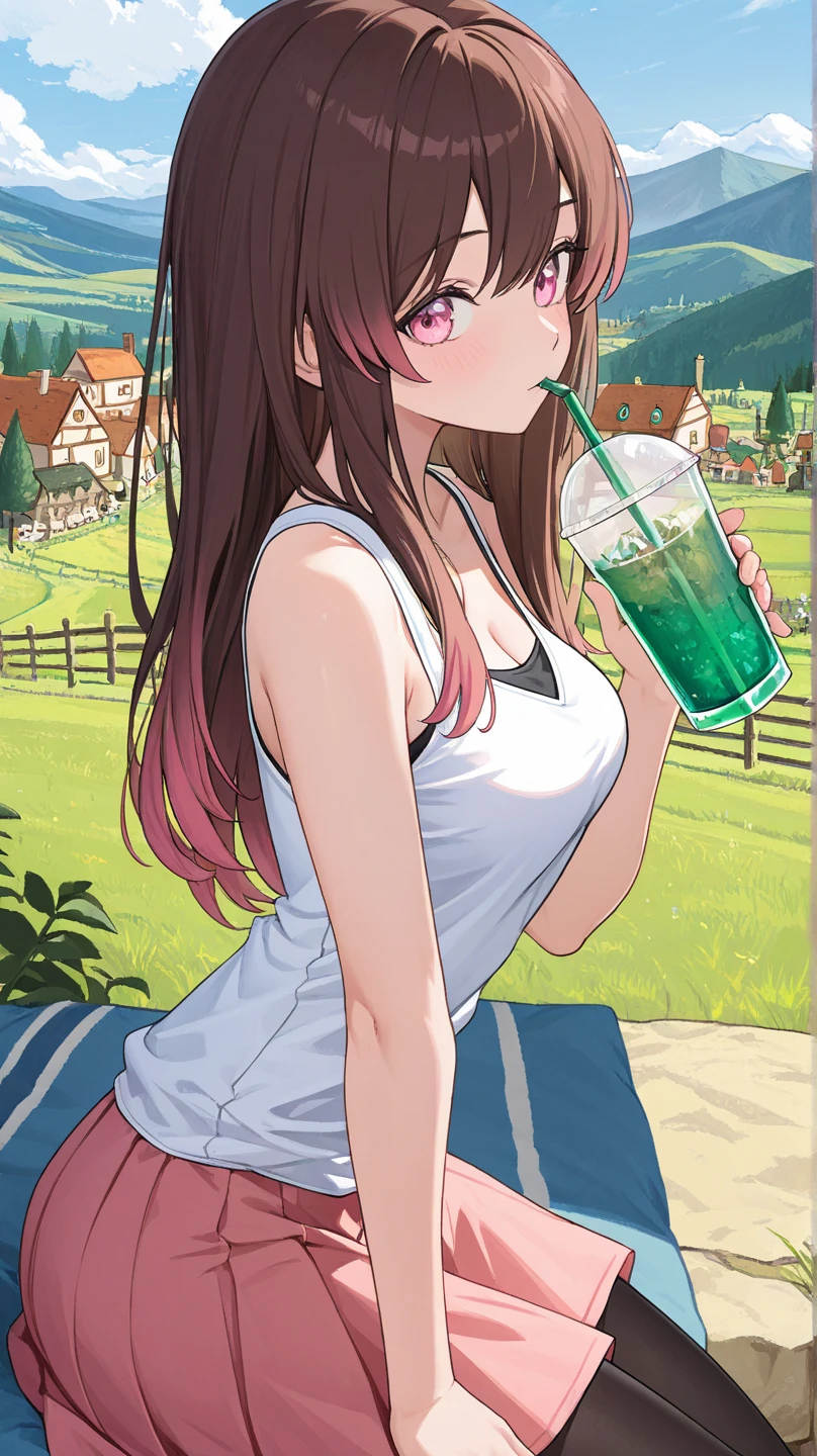  Large breasts, Cute girl, holding a ,1 year old boy, big sized breast, open neckline, white apron, sleeveless, cleavages, ultra realistic eyes , garden outside, pink cooler hair, bright green eyes, ultra realistic detailed eyes, innocent eyes, looking at camera, long hair,
