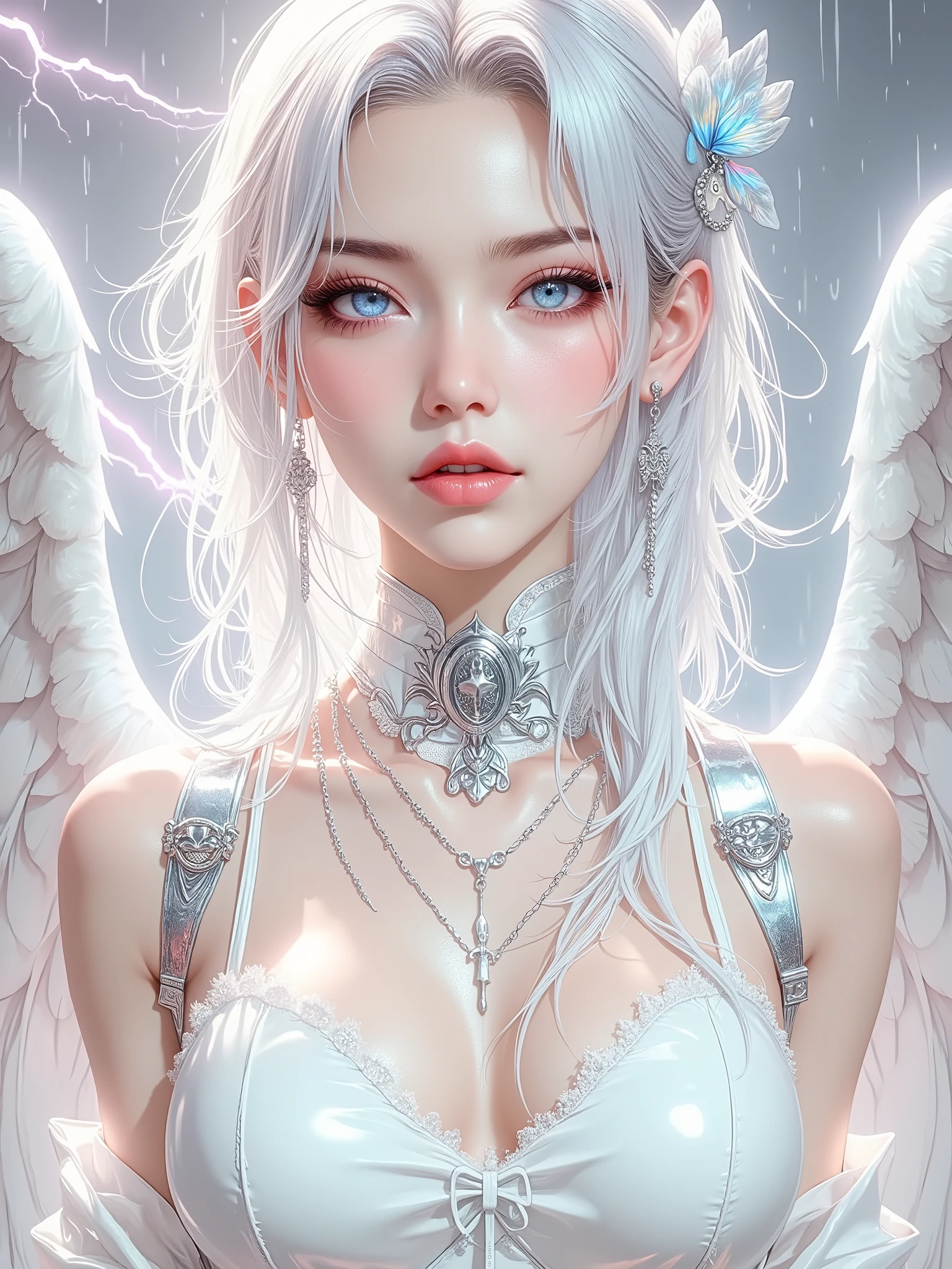 Castle in the distance、The face is front、Looking at the camera、profile、8K、realphoto、超A high resolution, Master Parts, Best Quality, nffsw , cinematic images,Lovely girl、ann、16 only、annグロサクソン、二重まぶた、drooing eyes、Very big eyes、Eyes purple、Dark eye shadow、The lips are very thin、The tip of the nose stretches beautifully..................................................、small nostrils,,,,, ighly detailed , Silver hair、Straight short hair、ssmile、 Sweet look 、)、Very clear shadows , jewely , A detailed eye, very intricate, shiny skins , パーフェクトブリリannト, Perfect Lighting, Dramatic shadows、White tiara on head、Gold necklace around the neck、White aristocratic dress with gold embroidery、Glass High Heels、Angel White Wings