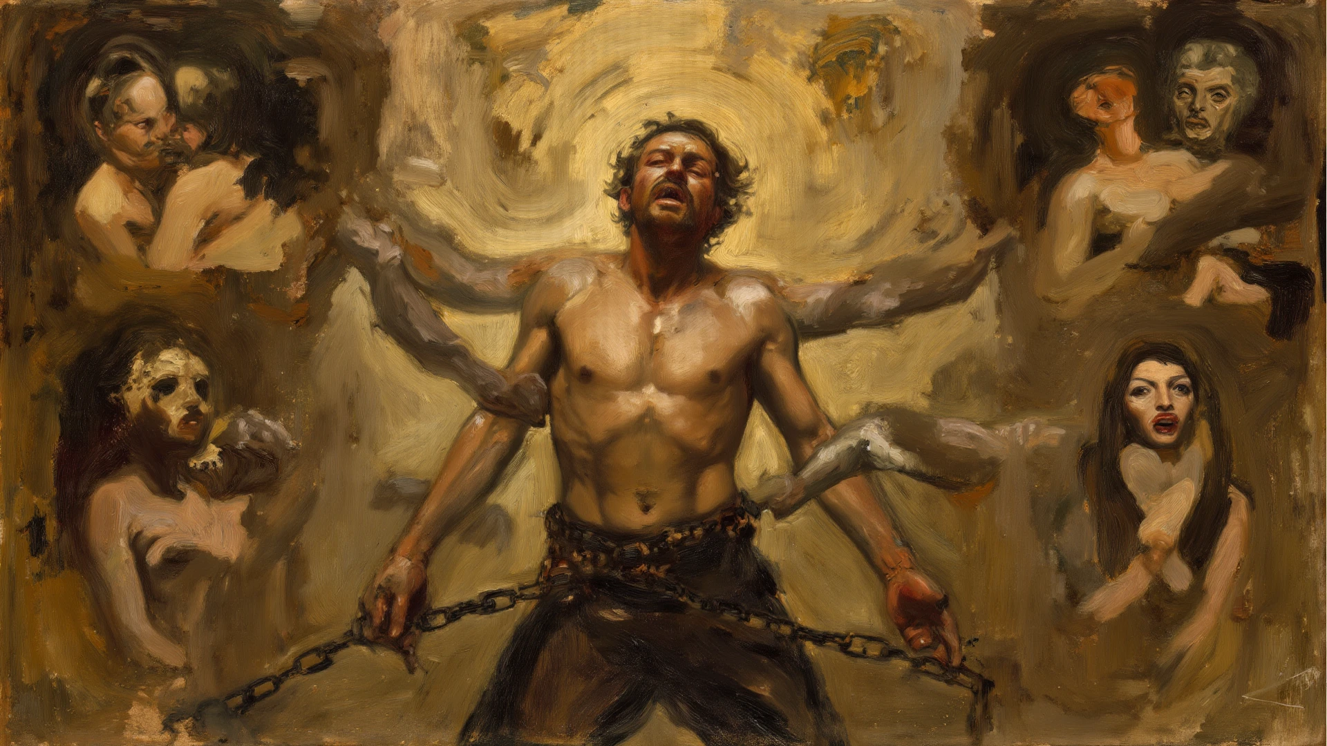 painting of liberation, freedom, dark atmosphere, cinematic scene, volumetric lights, ultra realistic, in the style of nicola samori