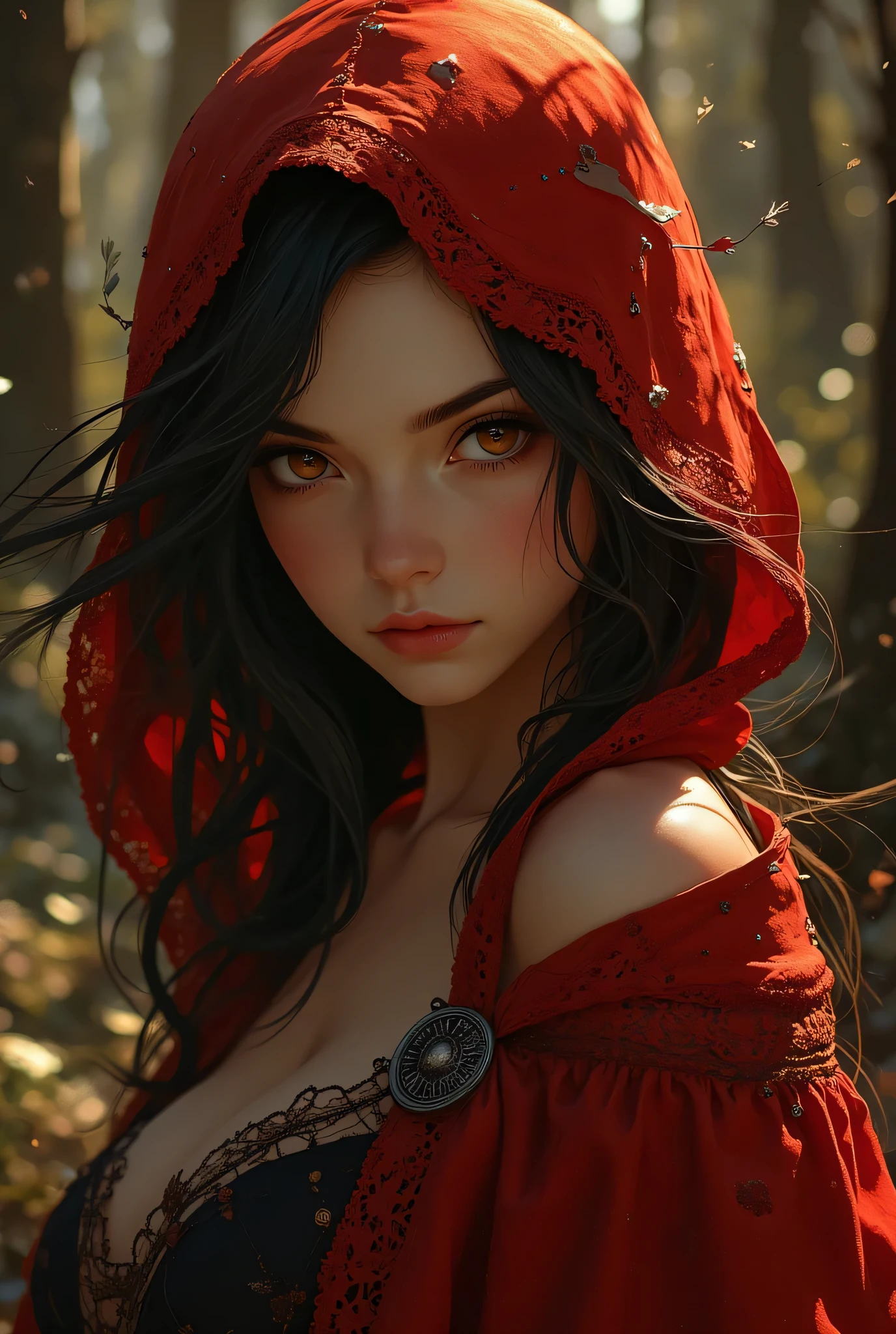 Oil painting of Adult Red Riding Hood [Woman:Maude Adams:0.1] character, ghostly white skin, charismatic look, perfect eyes, nostalgic, vintage, antique, Gabriel Pacheco style, soft, dreamlike, surrealism, tale forest background, intricate details, 3D rendering, octane rendering. Abstract background. Masterpiece of the best quality, high definition, 32k. By Monique Moro.