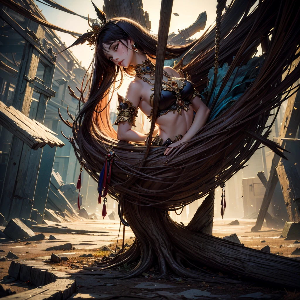 anime scenario destroyed kingdom in complete chaos and ruins with a pile of bones overlooking the kingdom
