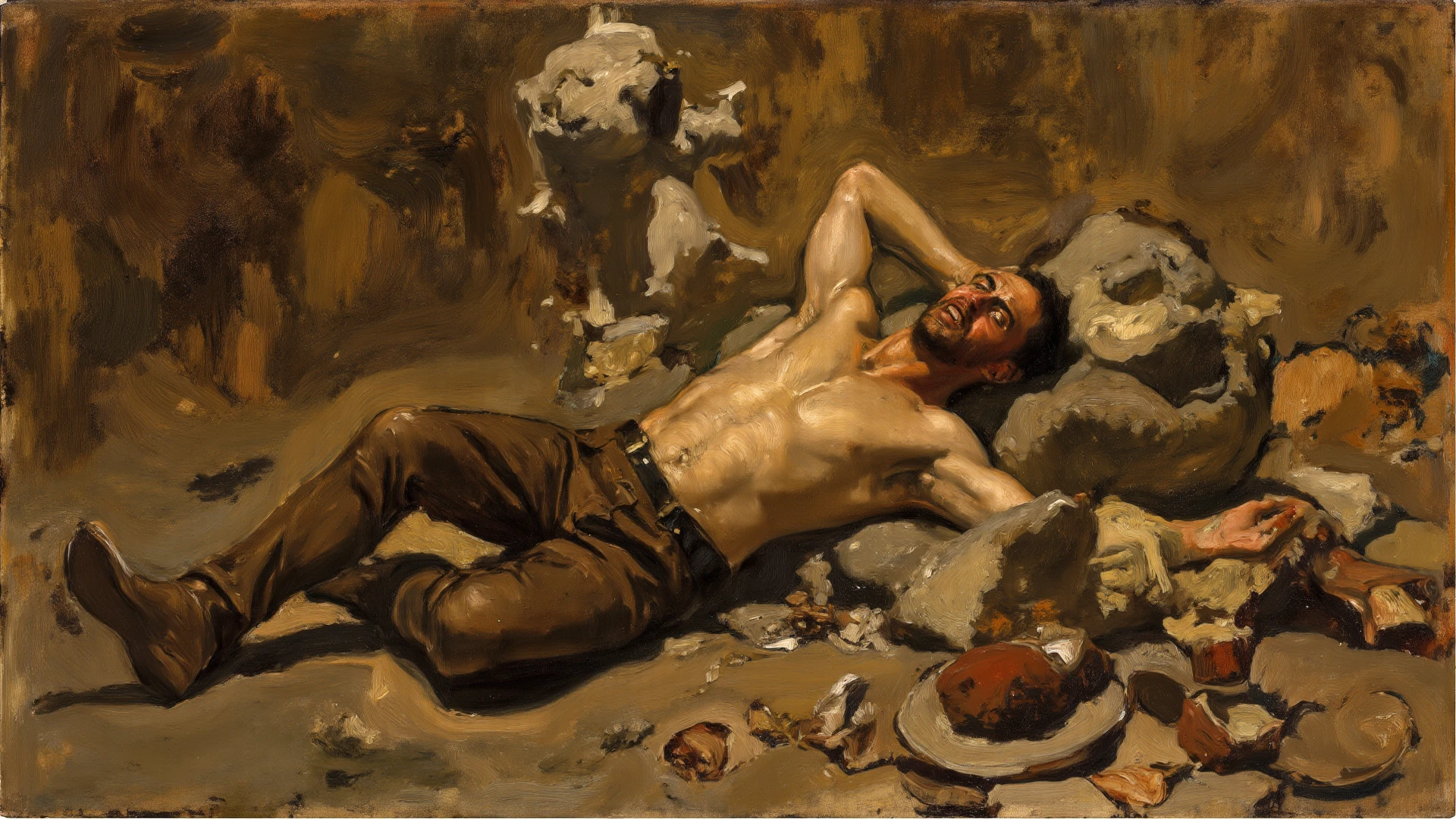 "prompt": "A painting of the man lying exhausted after the removal of the heavy stones, with bruises and signs of distress on his body. He looks weakened but relieved. The cell remains dark and somber, highlighting the severity of his ordeal.",
"size": "1024x1024"