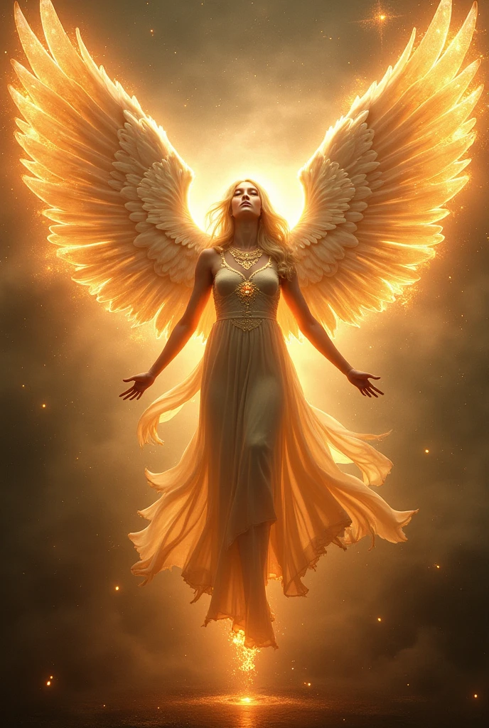 A God called Motivation,  is a radiant and luminous figure, with a body enveloped in a golden glow that radiates positive energy. He has enormous, shimmering wings that shine like celestial auroras., your feathers made of pure inspiration. Your eyes are like golden flames, always shining with enthusiasm and passion. He carries a banner that flutters as if in a constant wind., with the words "you can!" engraved in a resplendent script. Around her, small orbs of light float, representing creative ideas and impulses...