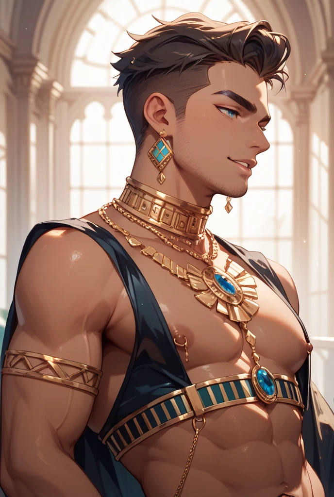 1boy, 16~20 years old, muscular male, male focus, <lora:GenshinImpactCyno_v1.0:1>, nsfw, realistic, at noon(outdoor) or at night(indoor light effect), normal hue, central, golden ratio, full length portrait, symmetrical body, sharp-featured body, tall, burly, highres, slender build, perfect anatomy, shiny skin, skin texture, whole head, see-through bangs, buzzcut hair, dark hair, whole face, shallow eyebrow, symmetrical eyebrow, large bright eyes, symmetrical eyes, ahoge, straight nose, roman nose, closed mouth, straight face with no moustachesharp, jawline, double-edged polearm, broad shoulders, collarbone, large biceps, large pectorals, large areolae, large puffy nipples, holding book on hand, slender waist, wide hips, bdominal stretch, biceps implants, pectoral implants, six-pack implants, triceps, tight-fitting, stand-up collared shirt, necktie, jacket, open leather suit, golden leather armbands, detached leather sleeves, leather elbow gloves, outfit accessorized with pale yellow sash, golden tracery, gold trim, dark trousers, spreading long thin legs, <lora:Penis_v1.0-inpainting:0.5>, penflac, penerec, large erect penis, large scrotum with testicles, <lora:Bulgerk:0.5>, large bulge, thigh leather boots, acting natural, soft smile, handsome, serious, stoic, powerful, toned, solemn, enigmatic nature, noble demeanor, stern, warm, sharp wit, full of wisdom, from front, looking ahead at viewer, masterpiece, best quality, hyper-detailed, intricate detail, ornate, appealing, professional photography, smooth, sharp focus, 3D, matte, bright, 8k resolution, dreamatic lighting, ambient lighting, post processing, epic composition, ultrawide shot, up colse portraits of, low angle, high angle, uplight, raytracing reflections, depth of field, gorgeous background