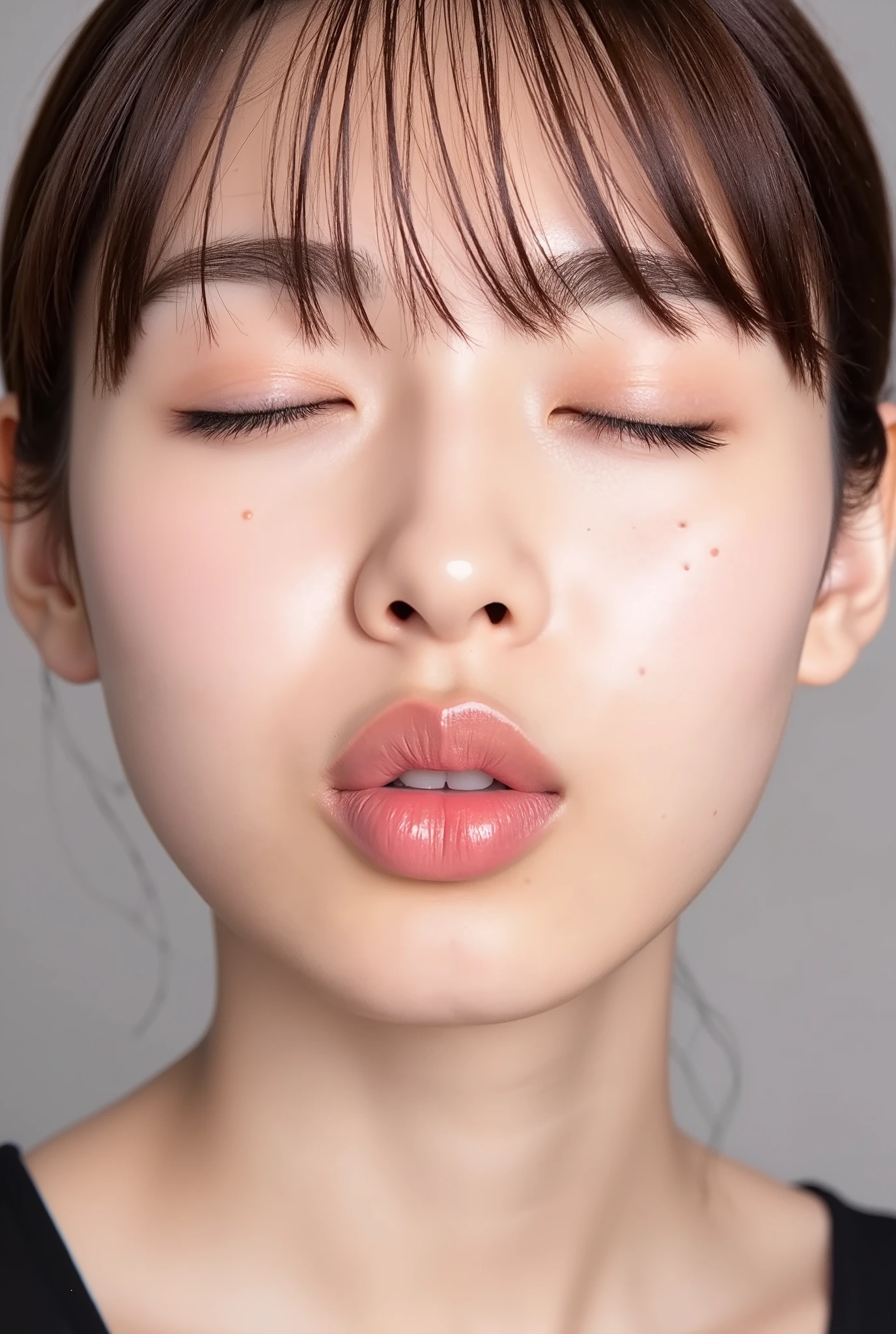 beautiful young woman, eyes closed, euphoric smile, extremely puckered lips, lips pushed far forward, tight kissy mouth, lips forming a sharp O-shape, exaggerated kiss face, heart-shaped lips, ultra glossy pink lips, flushed cheeks, ears blushing, black camisole, collarbone visible, close-up, upper-front angle, full head in frame, soft studio lighting, lips extremely pursed, lips protruding, high gloss on lips, moist lips, lip focus, plump lips, smooth skin with soft texture, faint peach fuzz, skin pores subtly visible, intense affectionate mood, face slightly tilted back