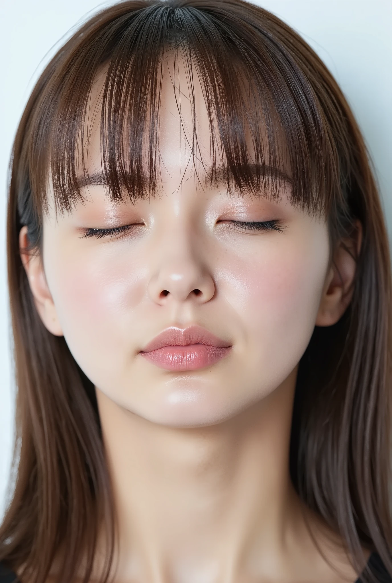 beautiful young woman, eyes closed, euphoric smile, extremely puckered lips, lips pushed far forward, tight kissy mouth, lips forming a sharp O-shape, exaggerated kiss face, heart-shaped lips, ultra glossy pink lips, flushed cheeks, ears blushing, black camisole, collarbone visible, close-up, upper-front angle, full head in frame, soft studio lighting, lips extremely pursed, lips protruding, high gloss on lips, moist lips, lip focus, plump lips, smooth skin with soft texture, faint peach fuzz, skin pores subtly visible, intense affectionate mood, face slightly tilted back