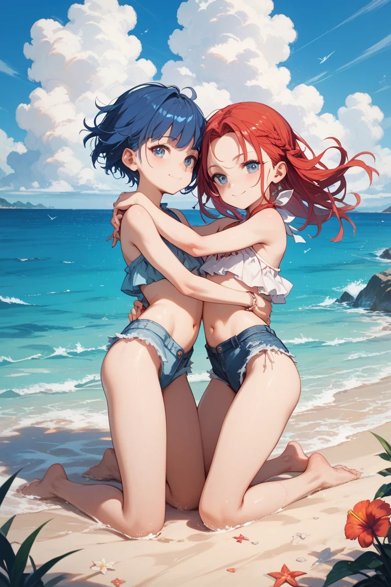 (((High resolution:1.5))), (((Very detailedな:1.5))), (((Two Girls:1.3))),((7Head to Body:1.3))、 (((beach,Outdoor、Midday light background)))、(((Happy expression))), (((smile:1.5)))、(((Beautiful and detailed eyes:1.3))), (((Very detailed))), (((Details face:1.5))), break ,sunny、(((Nude:1.5))),(((Very delicate body:1.5)))、(((Very flat chest:1.5)))、((Small waist))、((thigh gap:1.3))、Friendly atmosphere、(((spread legs:1.3))),(from side:1.2),(((curly hai,ponytail:1.3)))、(((Breast Matching:1.5)))、(((Embrace:1.5)))、((Licking each other's bodies:1.5))、 (school uniform, Sailor suit、白いSailor suit, Dark blue pleated skirt:1.23), (Bust Shot)、(((Redhead)))、((半袖Sailor suit))、Woman's face、(((Upper Body Shot)))、(((short hair)))、(((short hair)))、(((Short Ponytail)))、(((short hair is tied at the back)))、(((Red tie)))、
