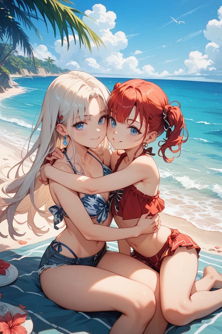 White hair, bikini girl at beach, brown eyes and a red hair , bikini girl , blue eyes