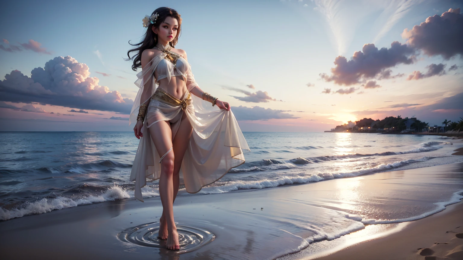 wallpaper of Elçin Sangu in a party dress, which defines her feminine features very well as she walks barefoot on a deserted beach one summer night in the moonlight. 8k, realistic, hyper-detailed, meticulous, luminous and colorful contrasts, harmony in every sense. --auto --s2