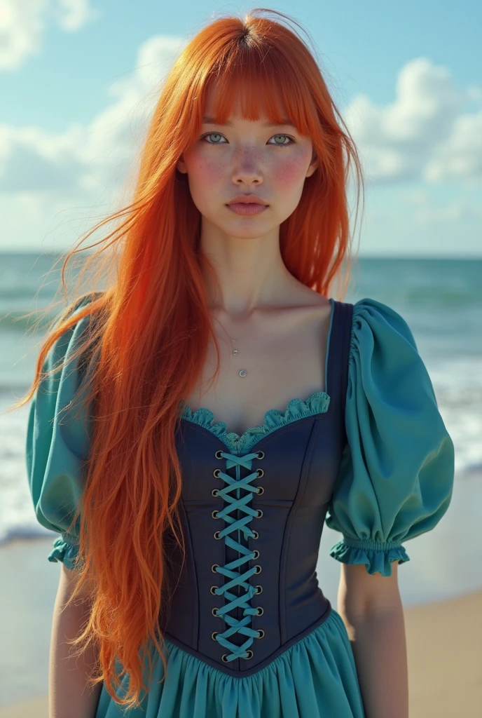 Young woman, 20 years old, with beautiful hazel eyes, long red hair, hazelnut nose, elegant face, She should wear a leather dress with a deep slit and a low-cut chest, shiny high-heeled shoes on her feet, braided stone buckles in her hair, elegant jewelry, and pose on the beach.