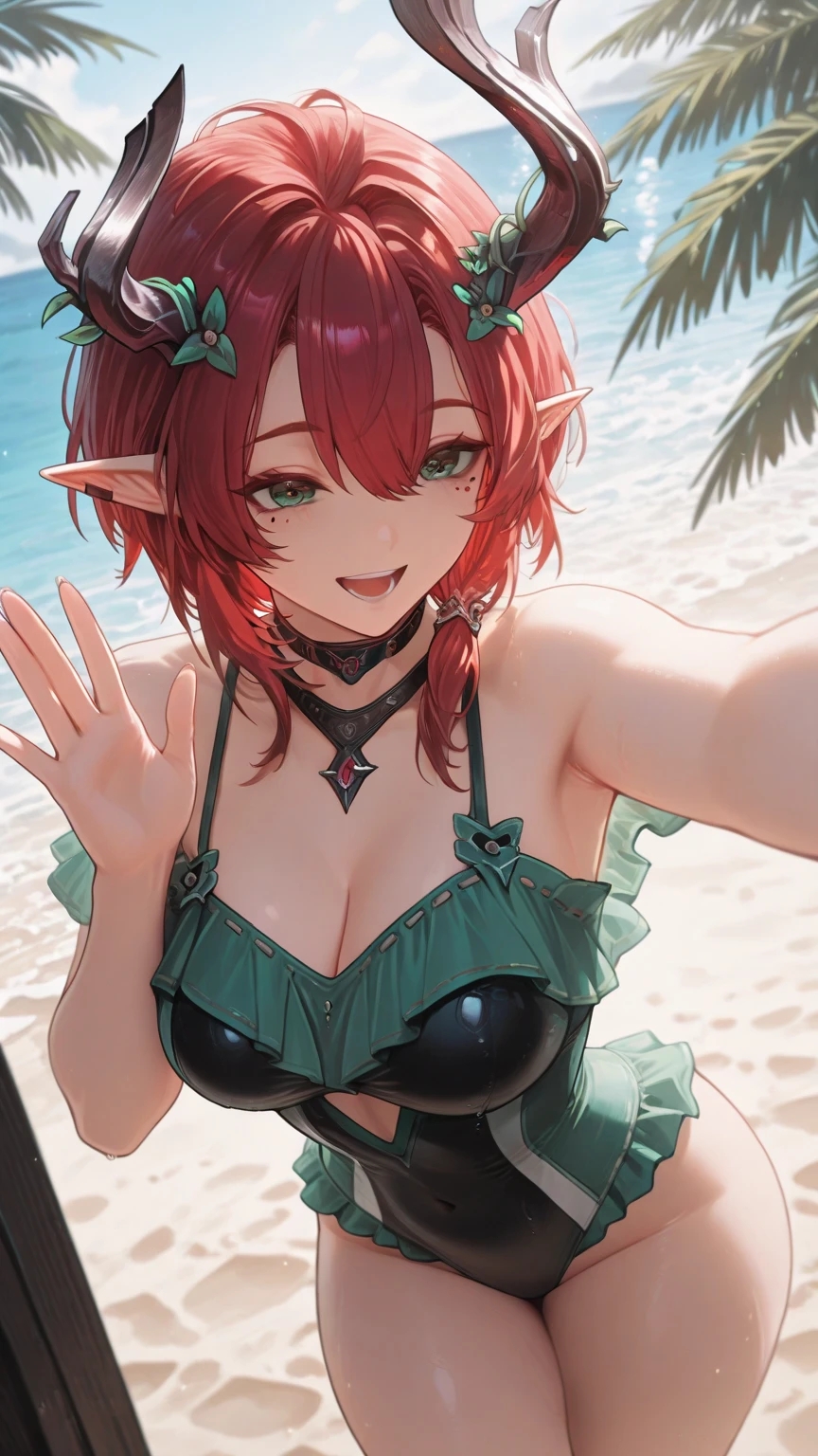 1girl, female elf, short red hair, blue eyes, curvy body, black bikini top, black bikini bottom, bare legs and feet, laying down on beach chair at the beach on stomach, full pouty lips, lewd smile, pinup pose, front view, looking back at viewer longingly