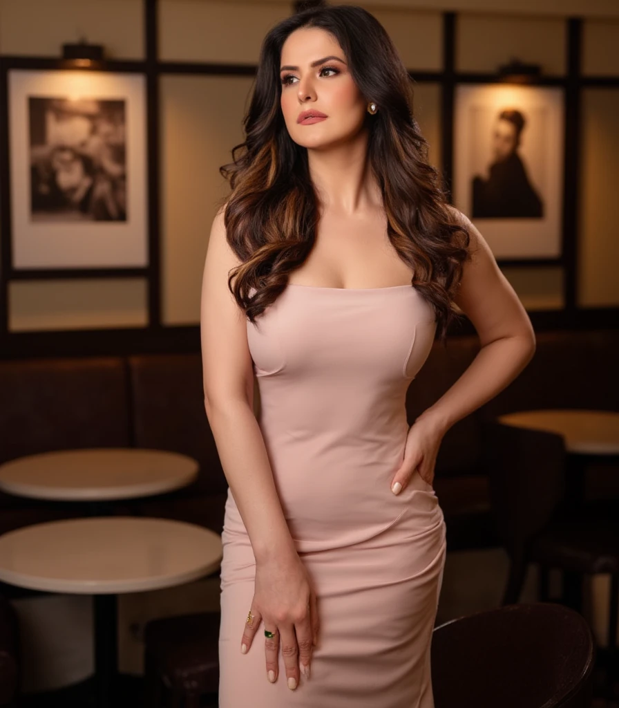 portrait of 18 years old girl, posing like super model, western , ultra realistic, beautiful nose , brown hair and large eyes, without makeup, looking directly at the camera, wearing red off shoulder dress ,on bench in park , smiling , spectacular lighting, gorgeous, (deep cleavage), photoshoot, (masterpiece), natural look, high resolution, extremely detailed background, skin with pores, , cinematic lighting Completed , full body with legs