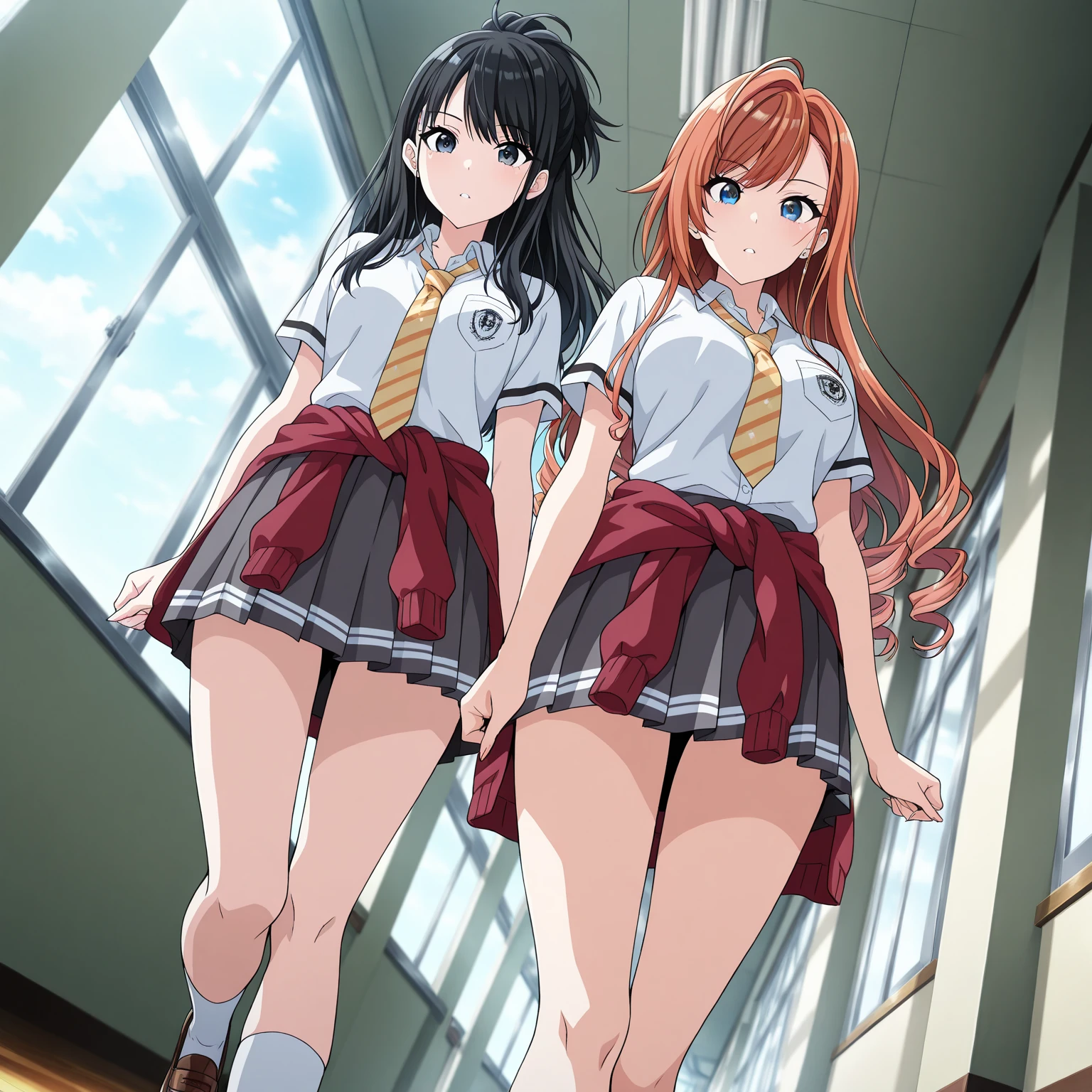 (2 girls) ,(Yukinoshita Yukino white lace panties).(由比ヶ浜結衣 ピンクレースpanties), classroom, ,shirt,panties,(Yuigahama Yui has big breasts),(Yuigahama Yui opens her mouth),(no skirt),((光沢のあるpanties)),thighs,calf,whole body,smile,from the front,anime 4k