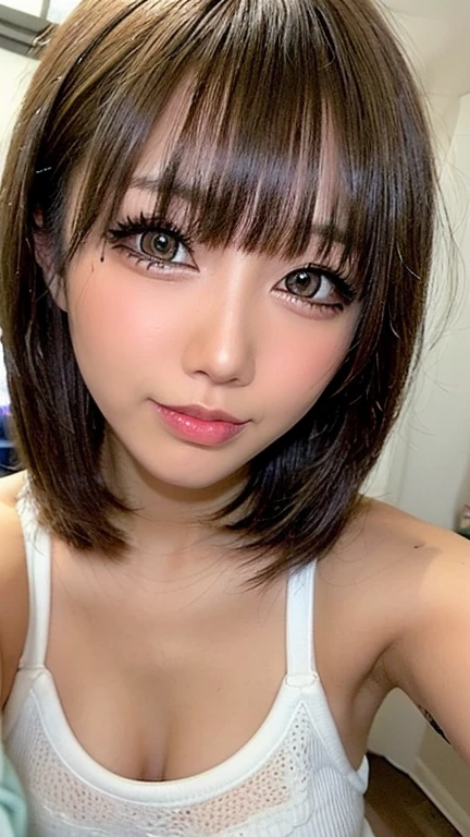 (Highest quality、On the table、8k、Best image quality、Award-winning works)、(Young girl, 14 years old:1.3)、(The perfect V-neck long red sweater:1.2)、(Red eyeshadow:1.2)、Perfect Makeup、Long eyelashes、Ultra HD Shining Eyes、Ultra HD Hair、Ultra-high resolution glossy lips、Ultra High Resolution Perfect Teeth、Ultra HD cute face、Brown Hair、(Very short straight hair:1.1)、Look at me and smile、[clavicle]、Accurate anatomy、Luxury Love Hotel、(The most atmospheric warm light:1.2)、Blurred Background、Has bangs、Ultra-high-definition, shiny, moisturized face、Ultra-high resolution glowing skin、The most delicate face、Super high resolution detailed faces、ultra high resolution hair、Ultra high resolution glowing eyes、Beautiful face with detailed expression、Ultra high resolution glossy red lips、Big Breasts、Split、Fashion Necklace、White camisole