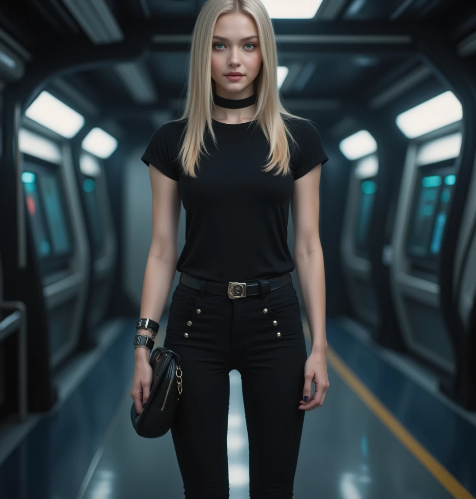 girl 10 year old child, blonde straight hair very long WITH BRAIDS, PORTRAIT STYLE, CLOSEUP , There is a dark room with many windows and a light, in a dark futuristic room, dramatic sci fi lighting, futuristic hall, spaceship corridor background, spaceship hangar, inside futuristic hangar, spaceship corridor, haunted spaceship corridor, In a futuristic spaceship, futuristic dramatic lighting, futuristic laboratory, sci-fi interior, inside a futuristic army base, unreal engine. Retro movie still