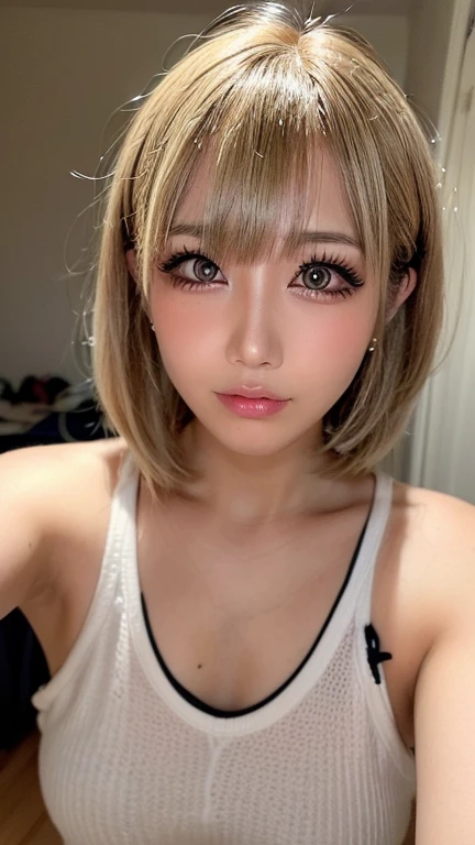 ((masterpiece)), ((Highest quality)), (Very detailed), ((Very detailed)), 4K, (8k), Highest quality, (beautiful), Anime Style, Upper Body, Looking up from below, Full Body Focus, In the photo studio, pretty girl, One person, alone, (Panty Shot), (Down jacket, turtleneck, mini skirt), beautiful light brown hair, ((beautiful eyes)), Medium Hair, Hips, Embarrassing, Lens flare, Shine, Shine