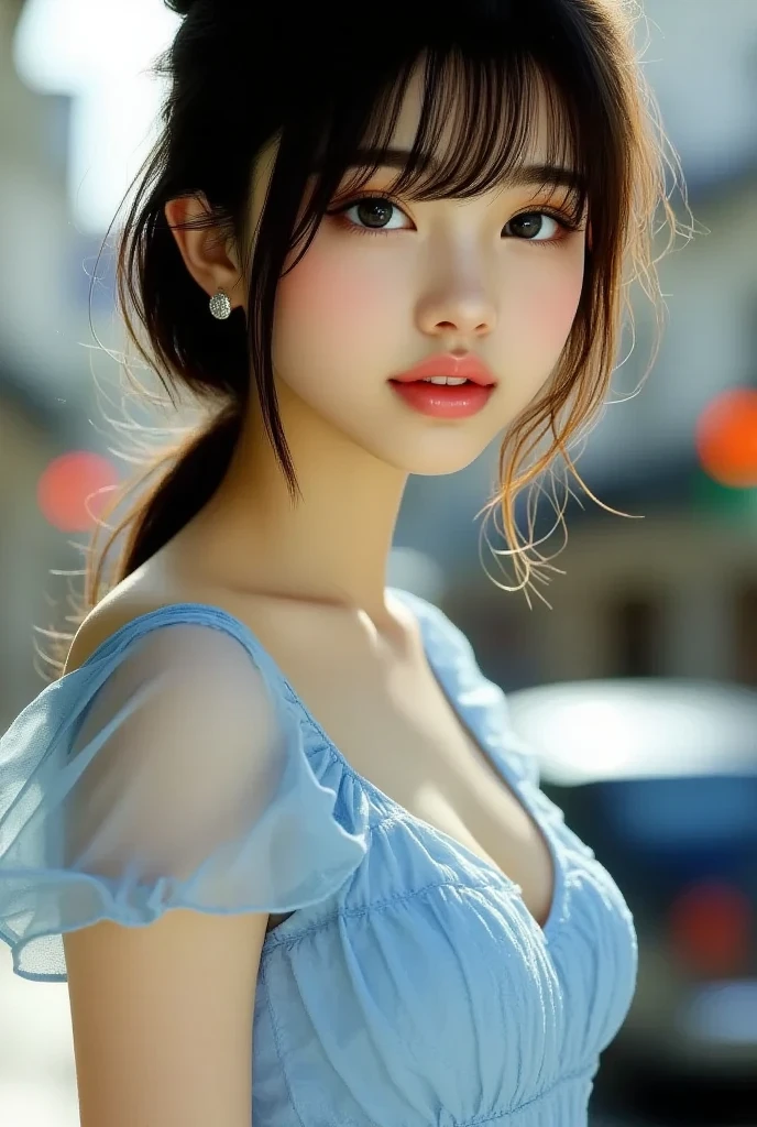 1girl, (kawaii face:1.2), (button shirt:1.2), cleavage, (Best Quality:1.4), Realistic, extremely detailed CG unified 8k wallpaper, highly detailed, High-definition raw color photos, professional photography, Realistic portrait, Beautiful detailed, Close up portrait of girl, Outdoors, harbor, sea, Beautiful sunset, illumination, (Fine face:1.2),