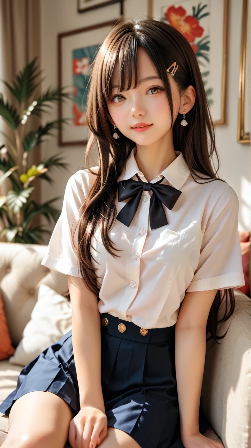 (((A smile、In the office、Office Desk、Sitting Sets、Office Chairs、blurry backround、Office Interior、In the company、Leather sofa in the drawing room、In the reception room、skirt rift、up skirt)))、(skirt rift、Navy Sheath Skirt、shortsleeves:1.5)、Pretty Girl VN02, 1girl in, Solo, masutepiece, 1girl in, best qualtiy, Ultra Detail, (shiny), Small、with blush cheeks, Ray tracing,Perfect Lighting, (milky skin:1.2),reflection,  up looking_で_viewer, blush, bow ribbon, Medium Curl Hair、yellow_Eyes, White lace pantyhose, Bag, White choker, Low_Twin-tailed、Japan's cutest 28-year-old beautiful girl、Small ribbons in the hair、Sit and cross your legs