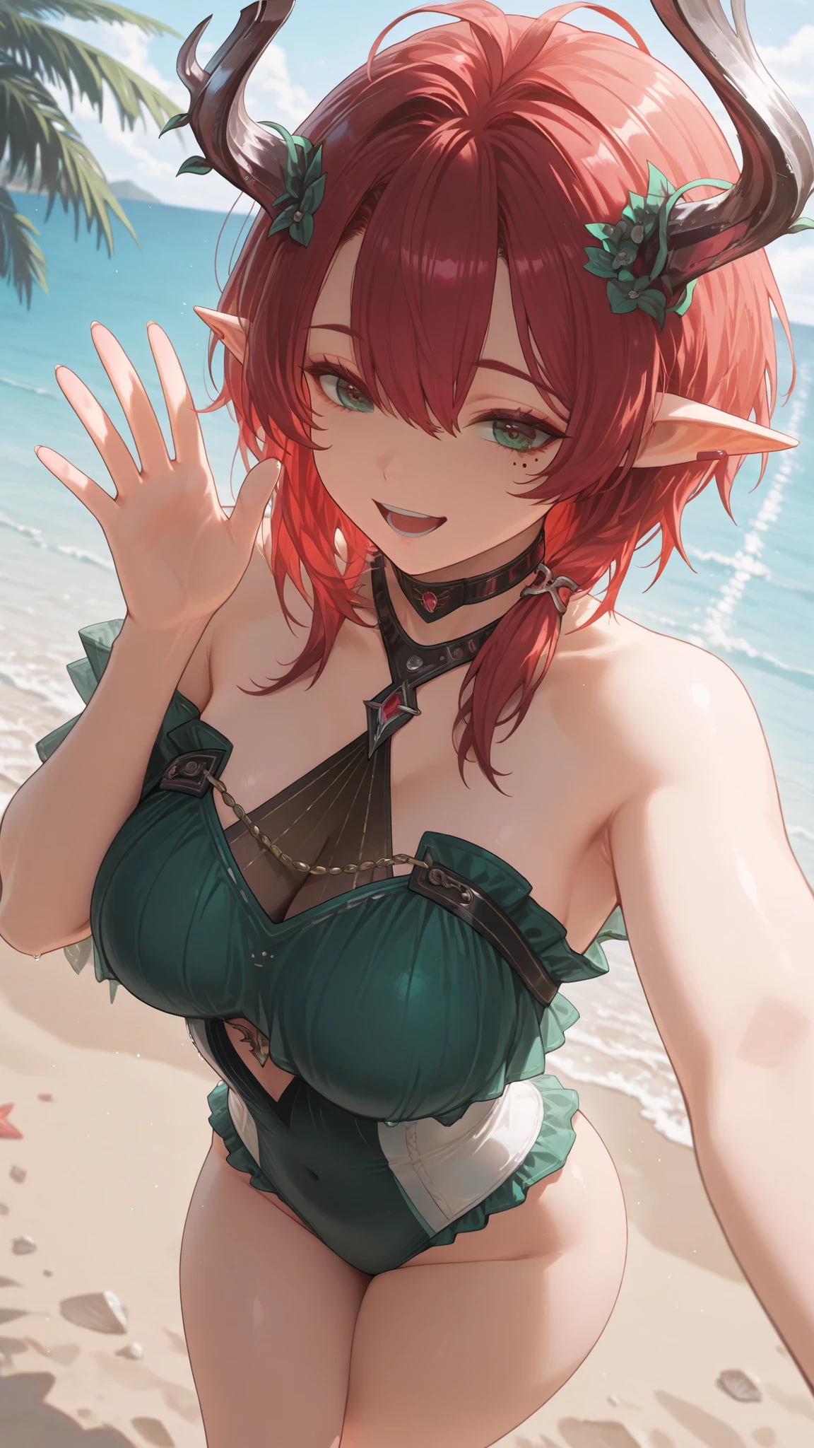 masterpiece, high quality, 1 girl, (oppai loli), glossy skin, shy, embarrassed, blushing, slender, slim, anatomically correct, huge breasts, (rainbow hair), detailed face, detailed eye, cute, beautiful eyes, beautiful face, busty figure, hourglass figure, beautiful girl, skinny, SFW, excessive blushing, elf, pointy ears, blushing ears, red ears, bikini armor, armored, bikini